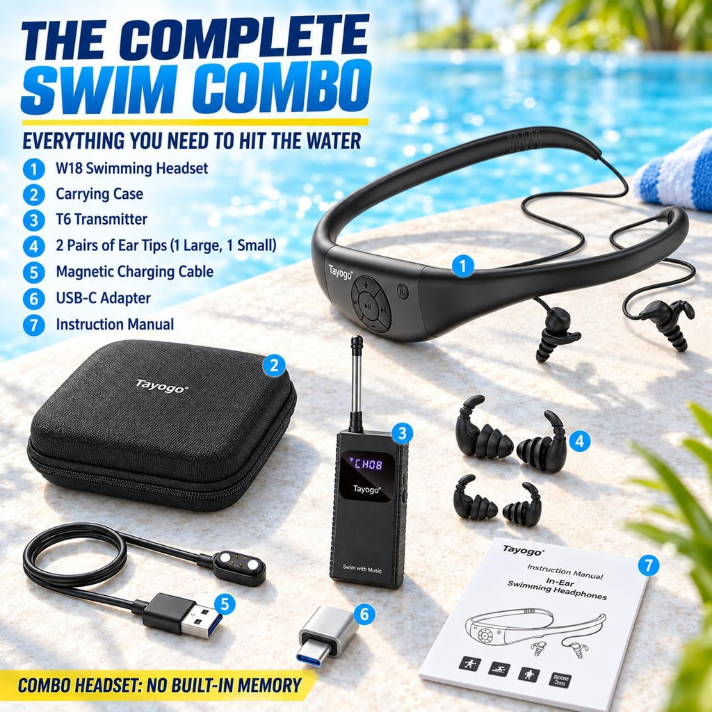 Tayogo Combo de música de natación T6+W18 – Reproductor MP3 de natación impermeable + transmisor Bluetooth | No es necesario descargar música, compatible con Spotify, nadar con tu aplicación Stream