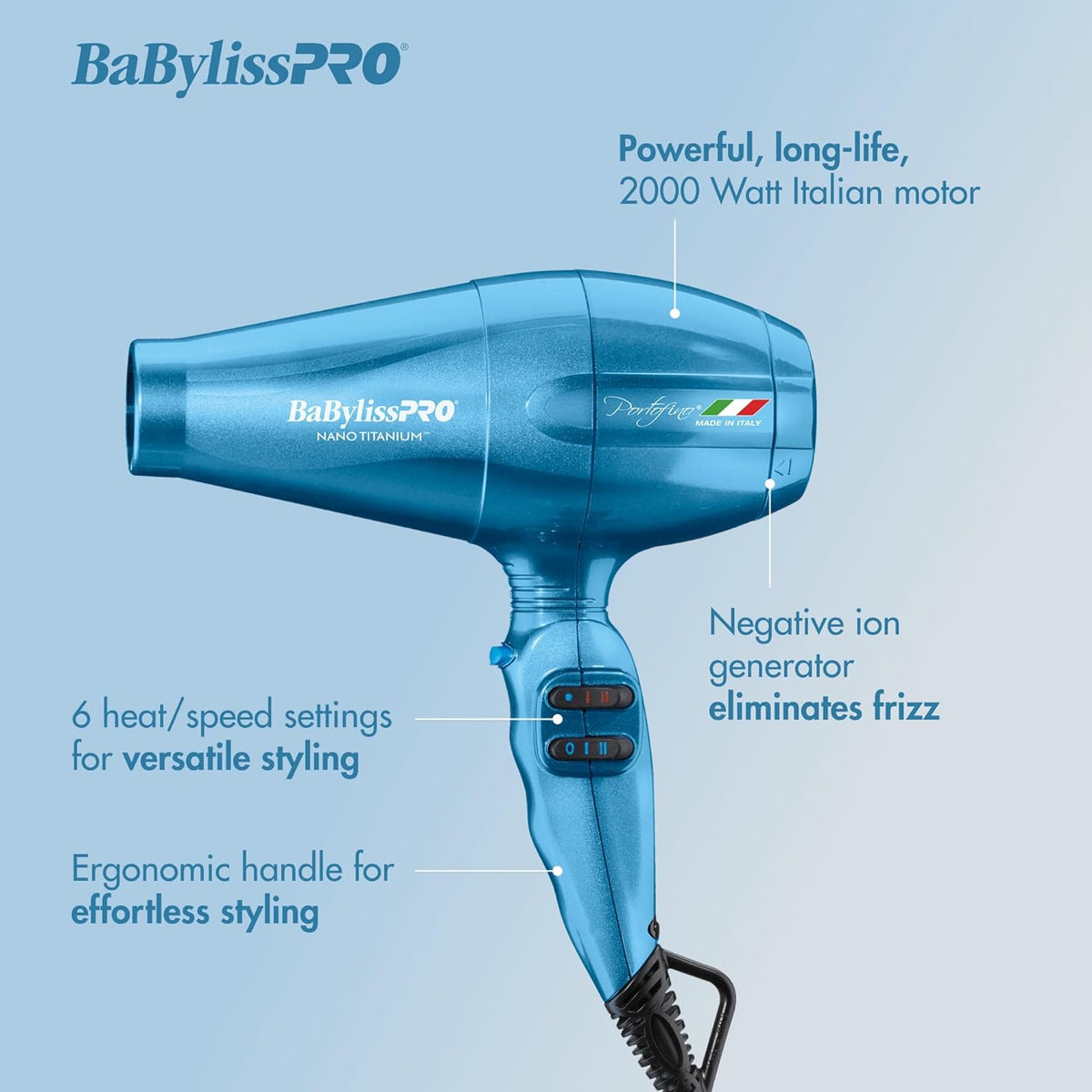 BaBylissPRO Secador de pelo, Nano Titanium Portofino 2000 vatios se...