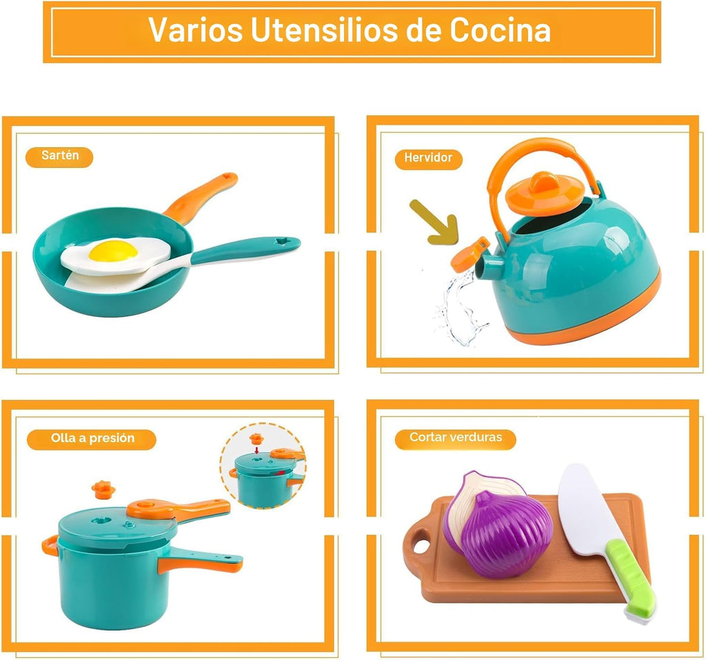 Mini accesorios de cocina de 200 piezas para niños a partir de 3 años, juego de cocina de simulación con utensilios de cocina, vajilla y 2 juegos de frutas, regalo de aprendizaje para niñas y niños, verde