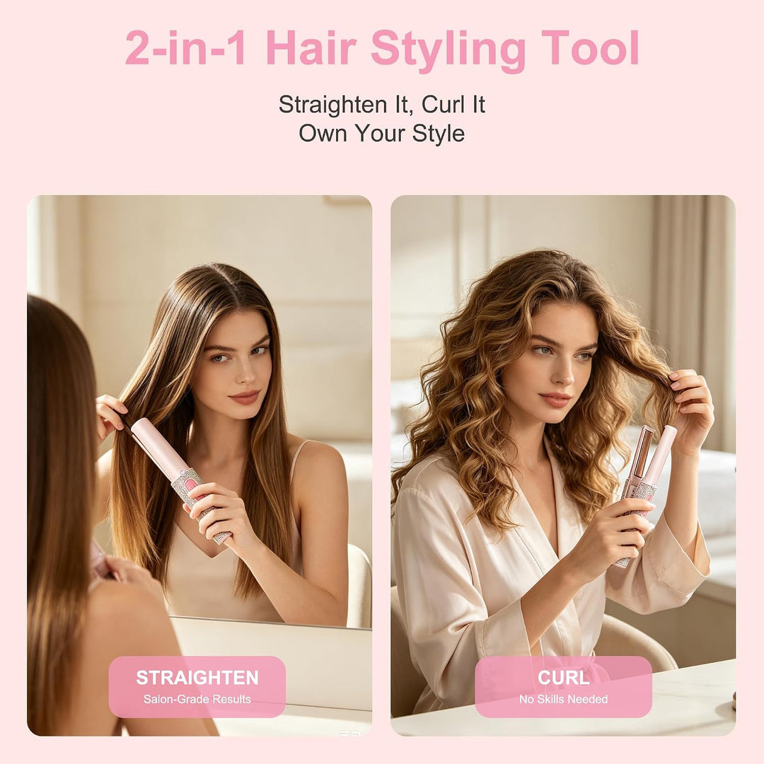 HUAJUN 2-in-1 Cordless Mini Travel Hair Straightener Curler Flat Ir...