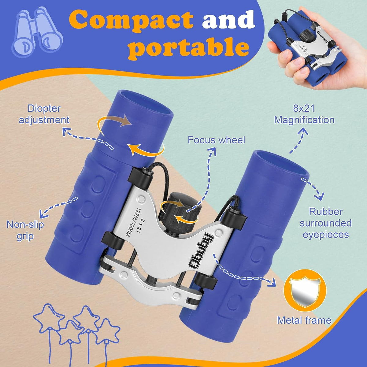Binoculares reales para niños. Regalos para niños de 3 a 12 años. Niños o niñas. Binoculares compactos de juguete de 8x21 con óptica de alta resolución para observación de aves, viajes, acampada