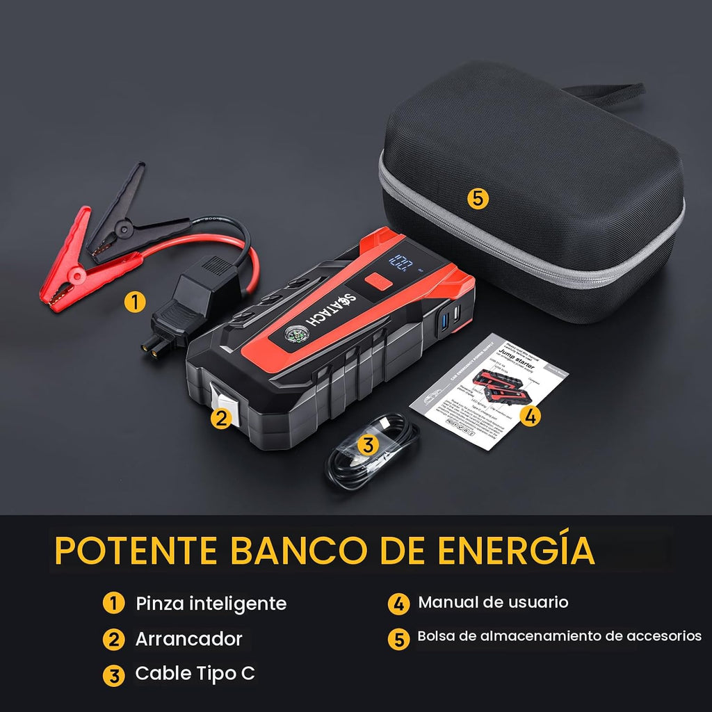 Scatach Arrancador de batería de coche de 3000 A, batería de arranque de 12 V portátil (hasta 9.0 L de gasolina y motor diesel de 7.0 L), caja de salto con 3 modos de linterna y cables de puente