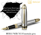 BEILUNER Pluma estilográfica cromada plateada 315, impresionantes plumas de lujo con acentos de oro de 24 quilates, hermosa plumilla dorada de 24 quilates (mediana), convertidor de tinta, regalo de
