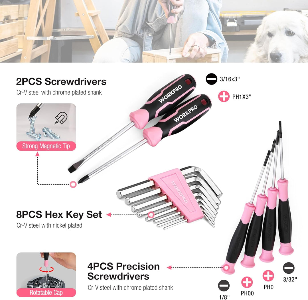 WORKPRO Juego de herramientas rosa, kit de herramientas de 258 piez...