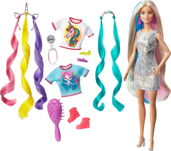 Barbie Muñeca y accesorios de pelo de fantasía, cabello rubio largo...