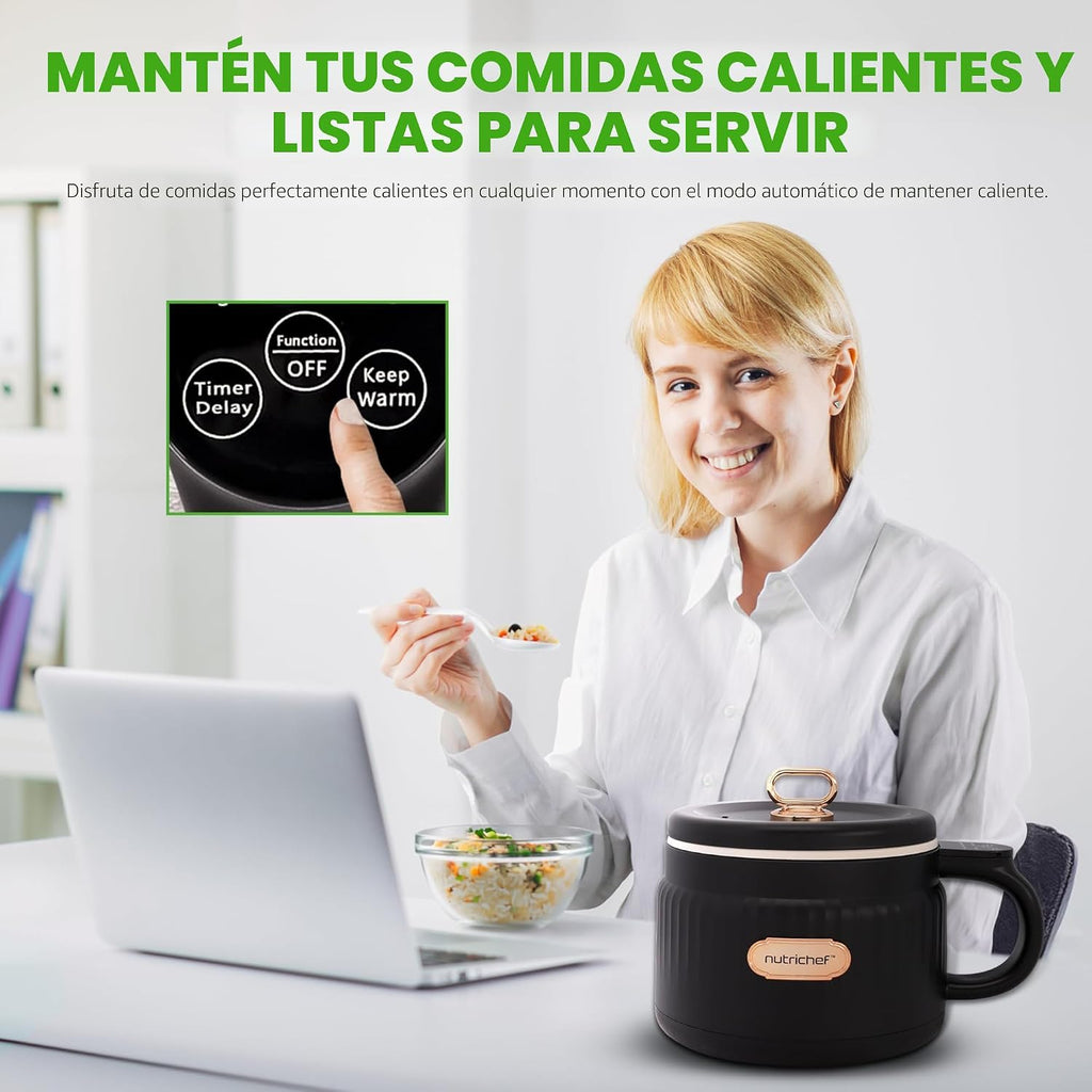 NutriChef Arrocera eléctrica portátil de 1.6 cuartos y máquina de almuerzo | Revestimiento de cerámica multifuncional y antiadherente | Panel de control digital | 6 funciones de cocción: arroz, sopa