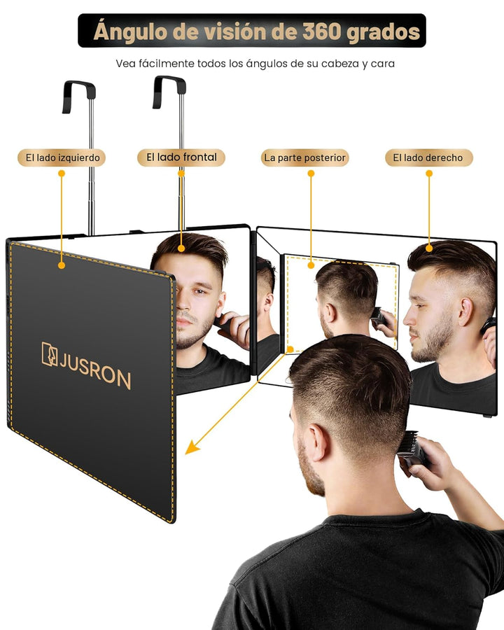 JUSRON Espejo de corte de pelo automático con ángulo de visión 360,...