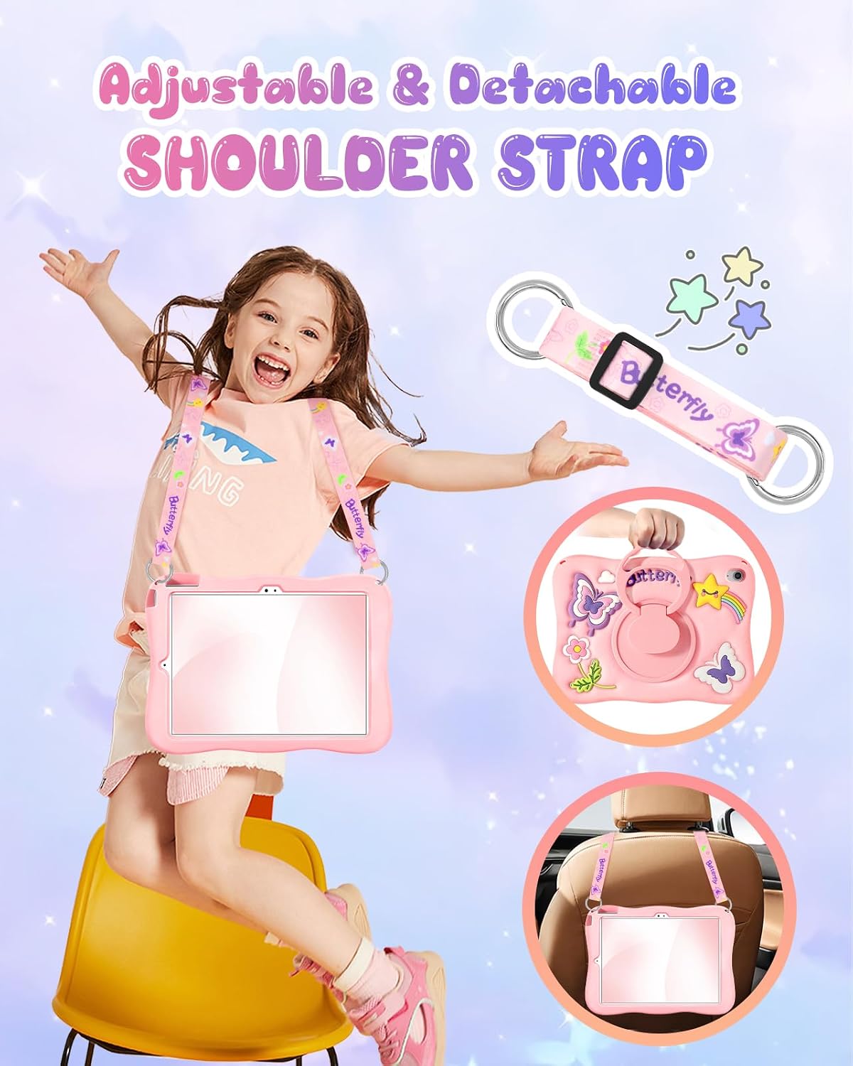 Funda Kidcube para iPad de 10ª Generación de 10.9 Pulgadas 2022, para iPad A16 de 11ª Generación 2025 - para Niñas Linda Diseño 3D de Mariposa Kawaii con Soporte Giratoria y Correa, Funda de Silicona