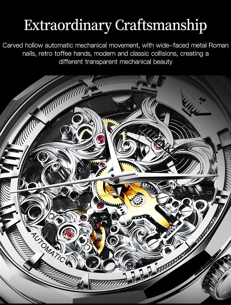 OUPINKE Relojes esqueleto dorados para hombre, Vestir de lujo, Automático Mecánico