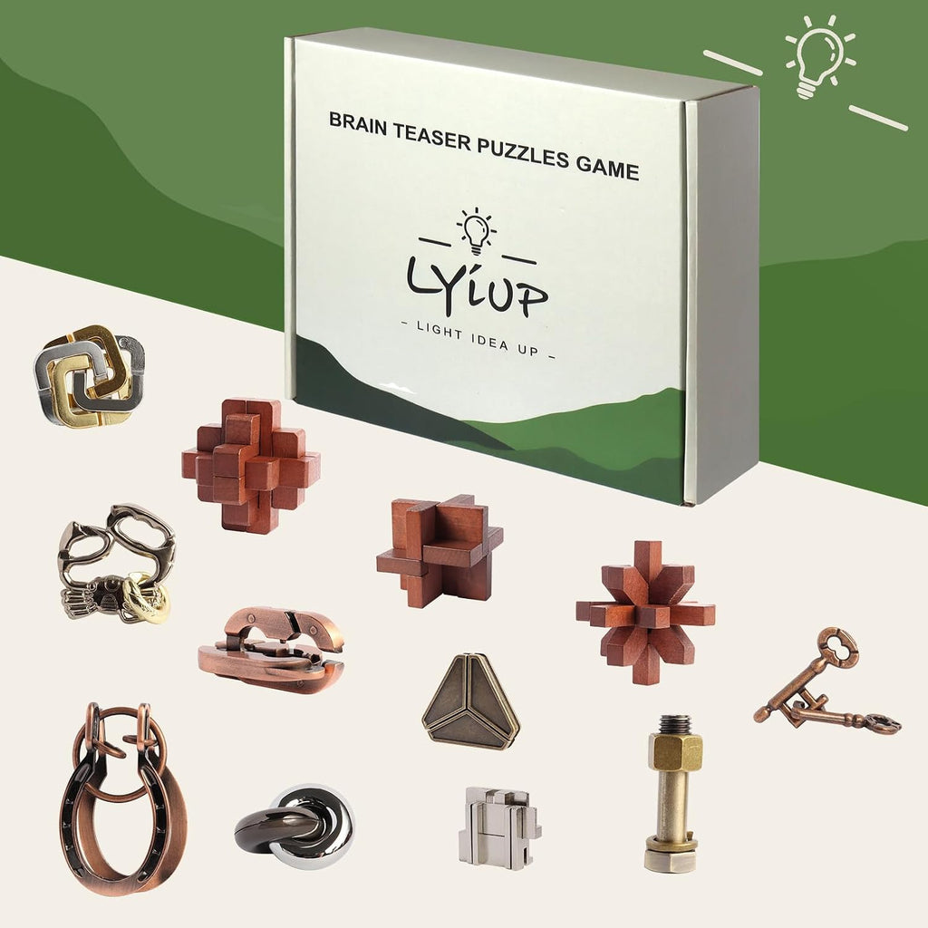12 piezas de rompecabezas de juguetes de madera y metal, juego de rompecabezas cerebrales para adultos y niños, juguete de escritorio, rompecabezas de cerradura, regalo para adolescentes
