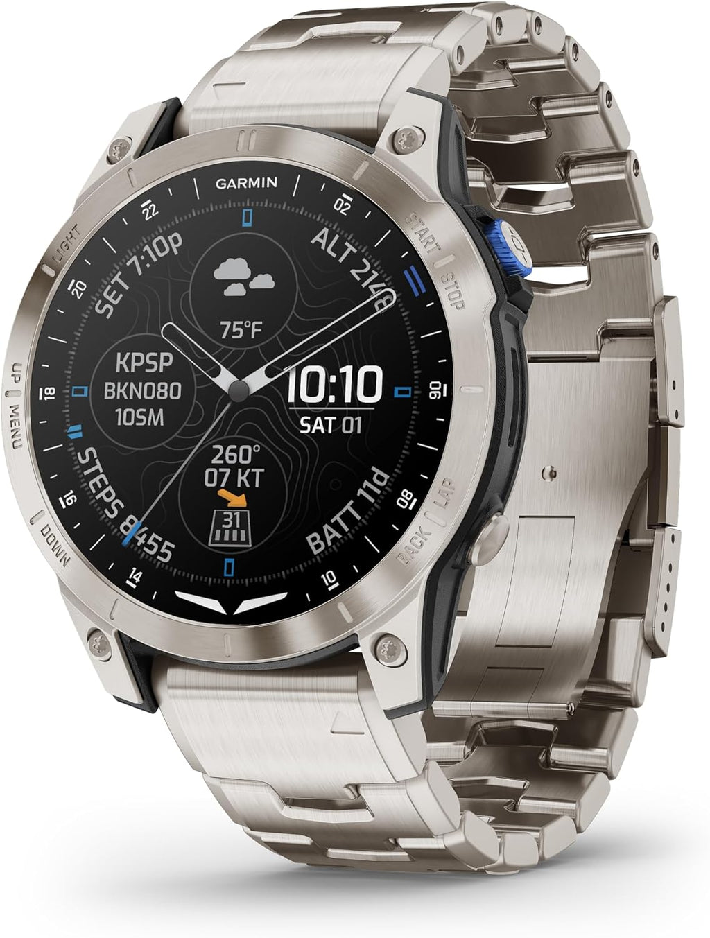 Garmin D2™ Mach 1, reloj inteligente aviador con pantalla táctil con mapa móvil GPS, tiempo de aviación, características de salud y bienestar y más, pulsera de titanio ventilada