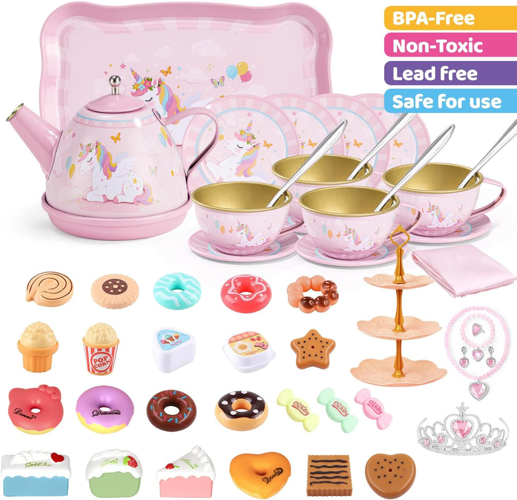 iAOVUEBY Juego de fiesta de té para niñas pequeñas, 49 juguetes de princesa para la hora del té, incluyendo estuche de transporte de postre Teaset, juguetes de cocina para niños, regalos de cumpleaños para niñas pequeñas para niños de 3 a 8 años, sueño