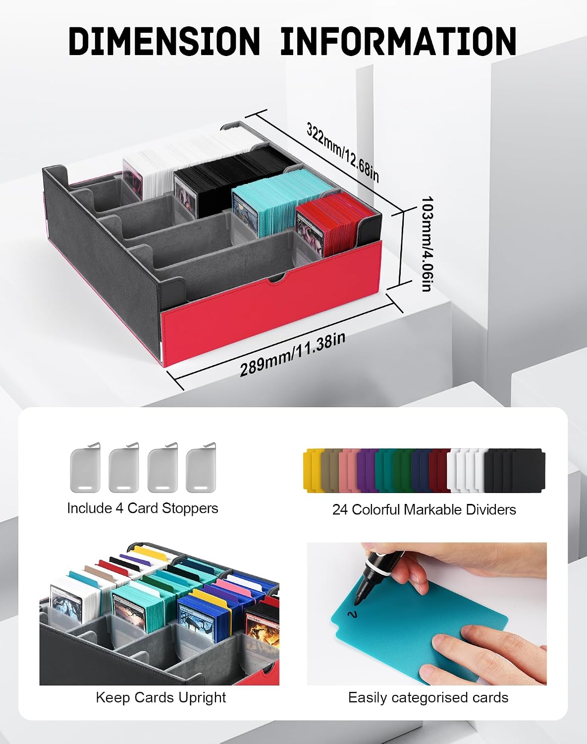 ZLCA Caja de almacenamiento de tarjetas con capacidad para más de 3200 unidades, funda de almacenamiento con 4 tapones, organizador de tarjetas para TCG MTG PTCG (rojo y blanco)