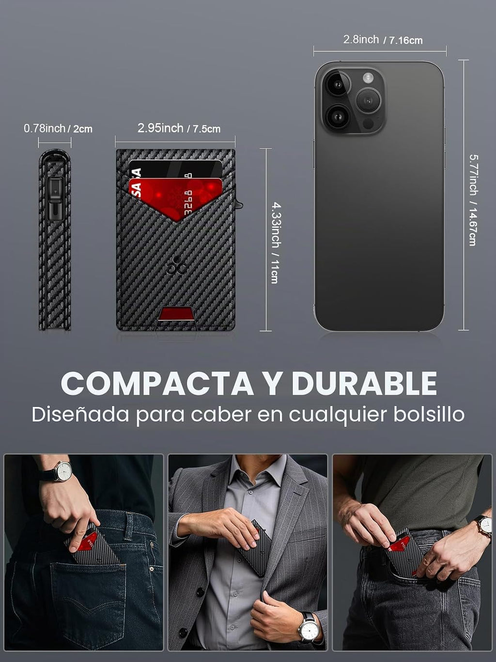Billetera para hombre con bloqueo RFID minimalista para 12-14 tarjetas | Cartera inteligente delgada y plegable con ventana para identificación y ranura para efectivo, bolsillo frontal, estuche