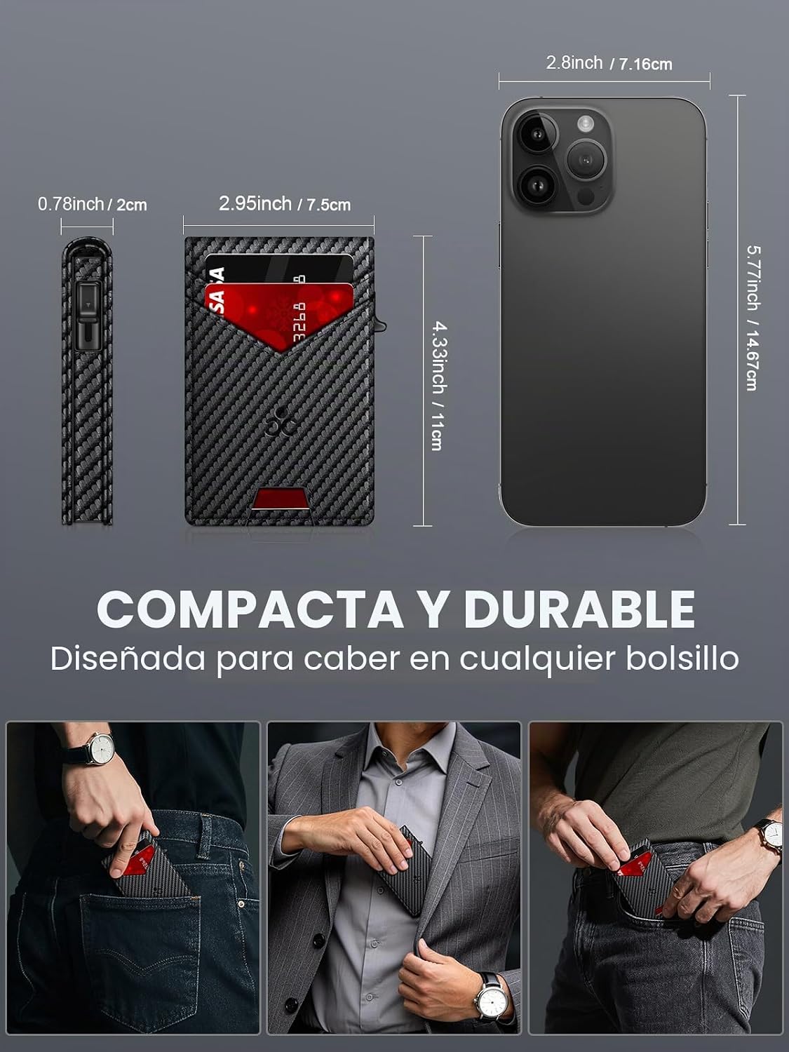 Billetera para hombre con bloqueo RFID minimalista para 12-14 tarjetas | Cartera inteligente delgada y plegable con ventana para identificación y ranura para efectivo, bolsillo frontal, estuche