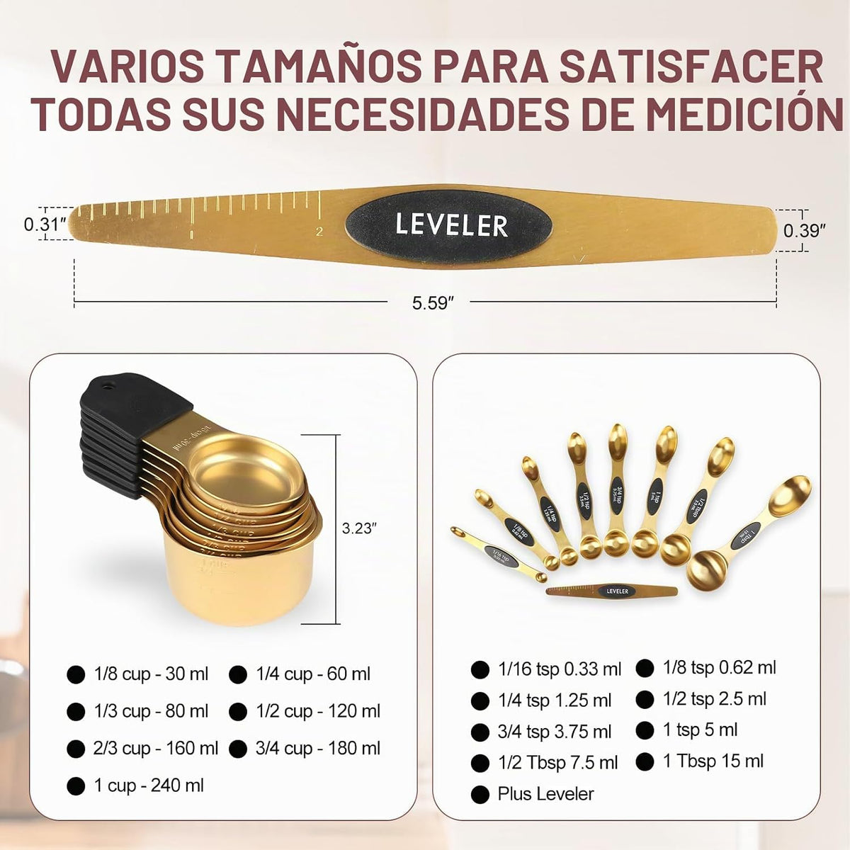 Juego de tazas y cucharas medidoras de acero inoxidable de 16 piezas, fuerte diseño de anidación magnética, 7 tazas, 8 cucharas con nivelador, marcas de medición dobles para ingredientes secos y