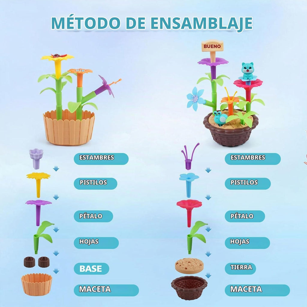 Juguete de construcción de jardín de flores para niñas, regalos de cumpleaños para niños preescolares de 3 a 5 a 7 años, juego educativo STEM con 140 piezas, kit de jardinería apilable para