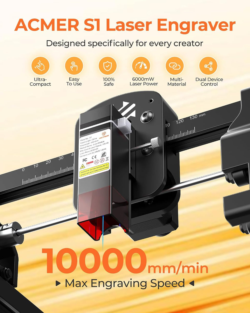 ACMER Grabador láser S1 para principiantes, máquina de grabado láser de 6000 mW con área de trabajo de 5.118 x 5.157 in, cortador láser para madera, acrílico, cuero, manualidades y pequeñas empresas