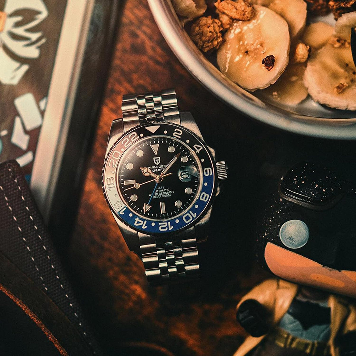 Reloj Pagani Design GMT para hombre, reloj automático de 1.575 pulgadas (40 mm), fecha, 100M resistente al agua, acero inoxidable, cristal de zafiro, reloj mecánico de pulsera PD-1662