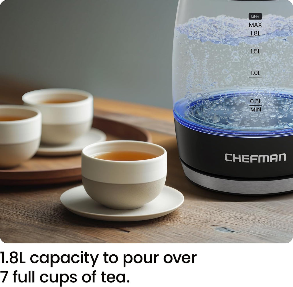 Chefman Hervidor Eléctrico, 1.8L 1500W, Hervidor de Agua Caliente, Tapa Desmontable para Fácil Limpieza, Apagado Automático, Protección contra Hervir en Seco, Filtro de Acero Inoxidable, Libre de BPA