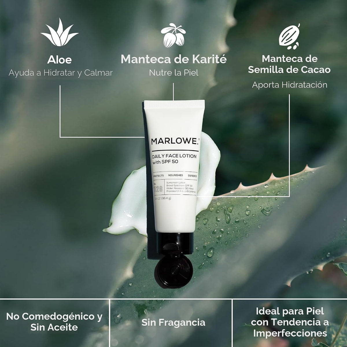 MARLOWE. Hidratante facial con SPF 50, 3.4 onzas, loción de protecc...