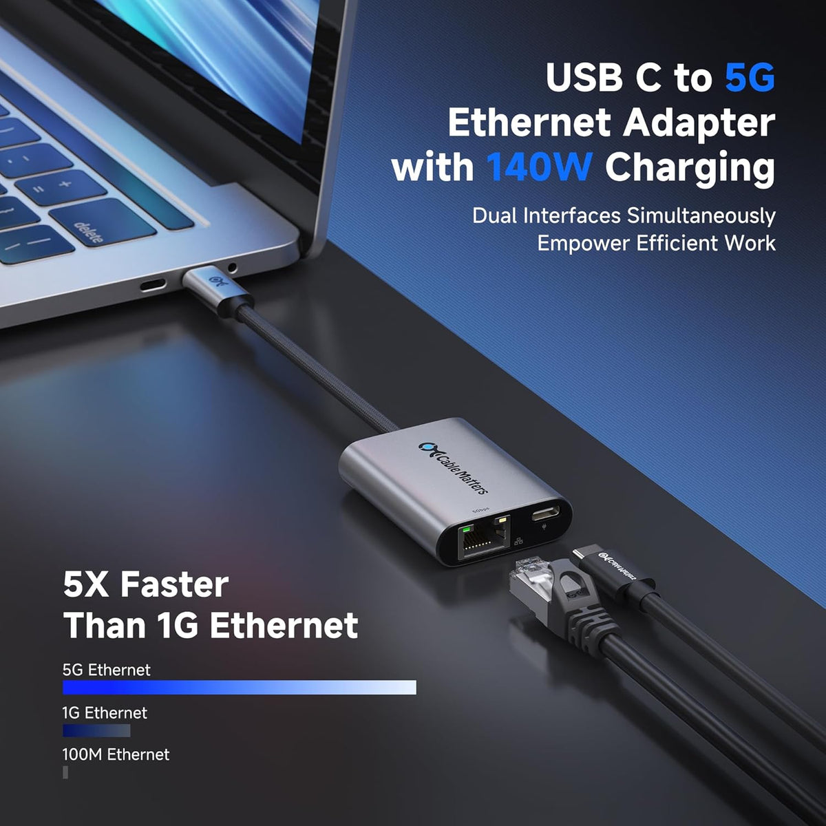 Cable Matters Adaptador USB C a Ethernet de 5 Gb con carga de 140 W