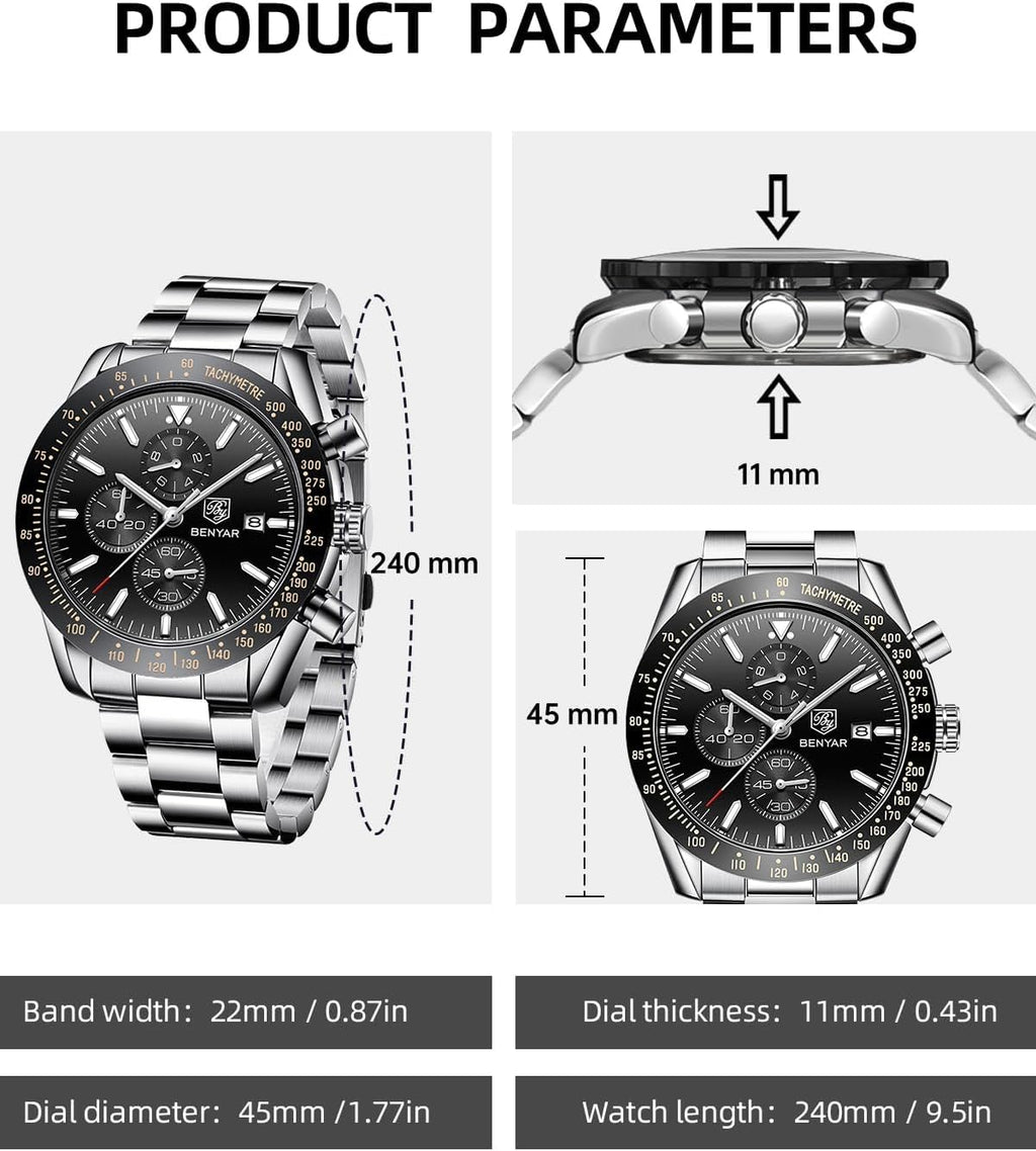 BENYAR Reloj analógico de cuarzo cronógrafo impermeable luminoso de diseñador para hombre, reloj de pulsera para hombre, para negocios, trabajo, deporte, casual, con correa de silicona, elegante