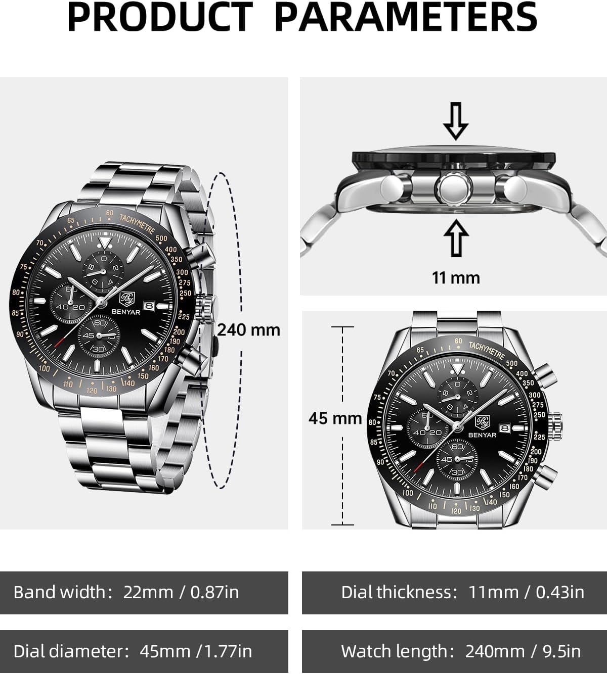 BENYAR Reloj analógico de cuarzo cronógrafo impermeable luminoso de diseñador para hombre, reloj de pulsera para hombre, para negocios, trabajo, deporte, casual, con correa de silicona, elegante