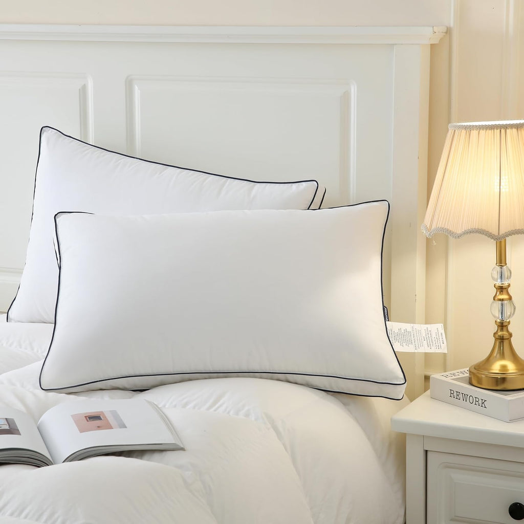 DOWNCOOL Juego de 2 almohadas de plumón de ganso tamaño Queen, almohada de apoyo suave para dormir de lado, espalda o boca abajo, para una mejor experiencia de sueño, color blanco, 20 x 30 pulgadas