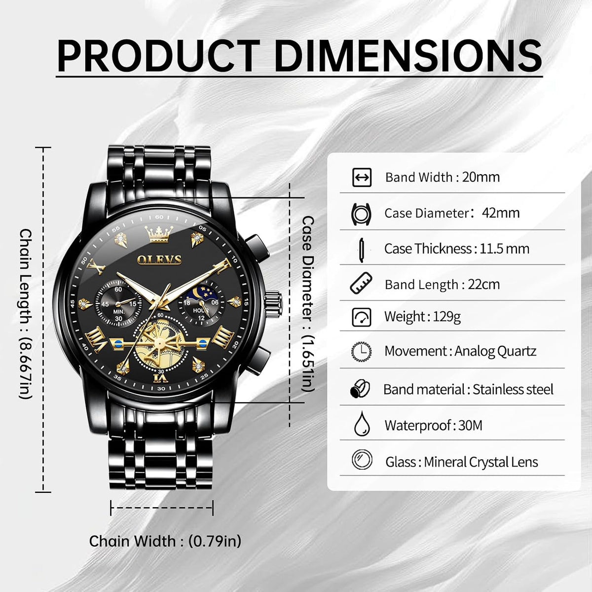 OLEVS Relojes para hombres Luxurious vestimenta acero inoxidable resistente al agua cronógrafo