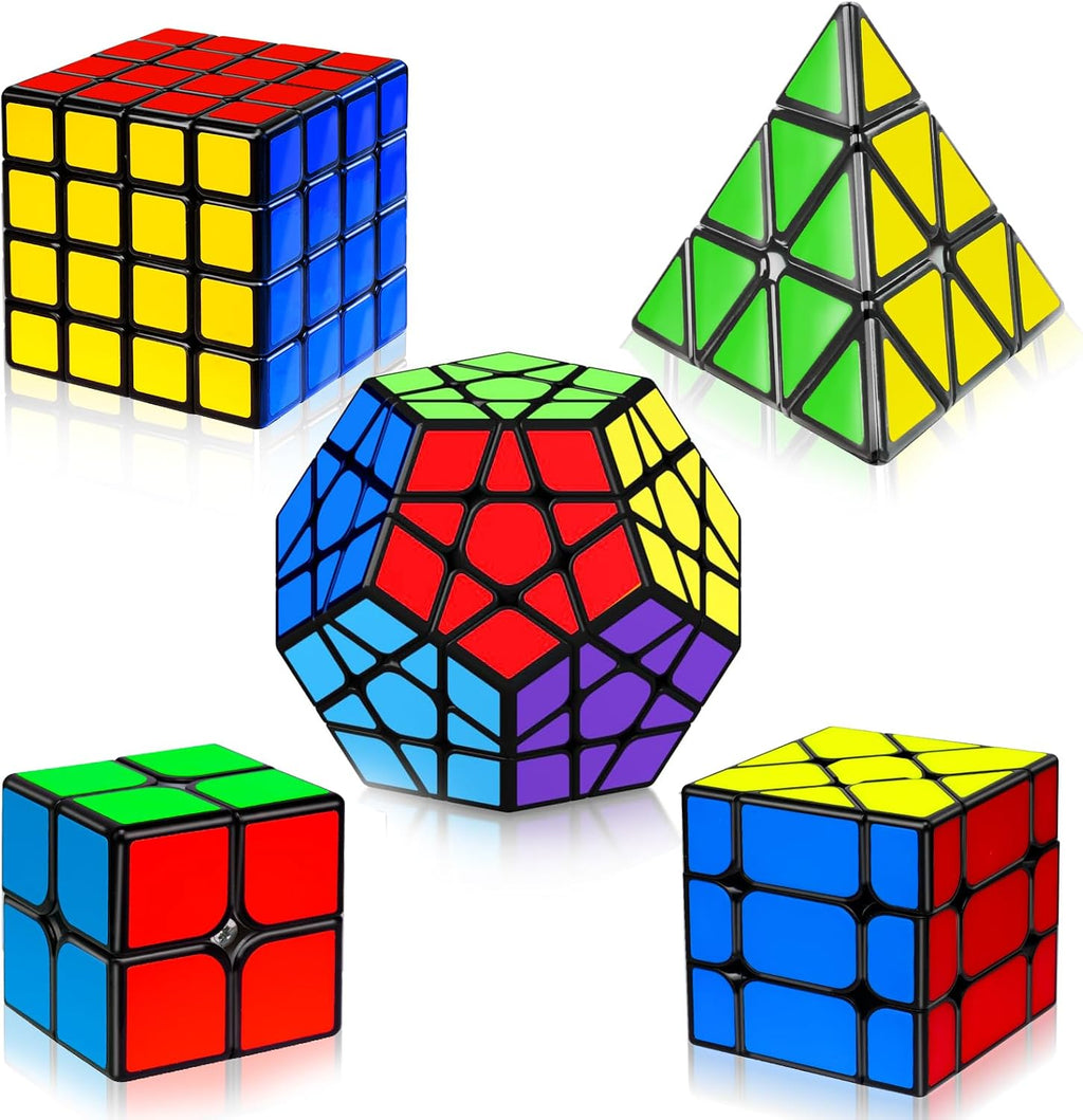 AuntyFey - Juego de 5 cubos mágicos de velocidad - 2x2, 3x3, 4x4, cubos de velocidad Megaminx triangulares para niños y adultos