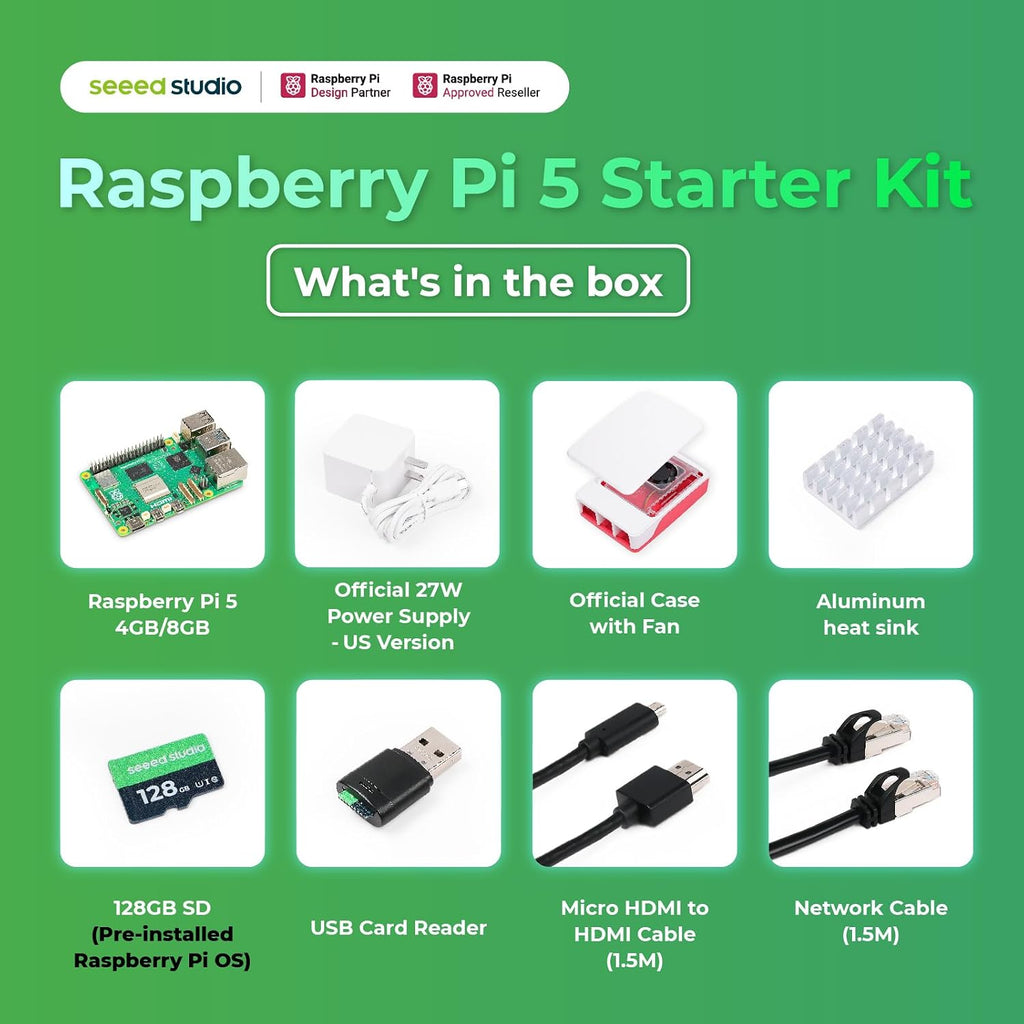 Seeed Studio Raspberry Pi 5 Starter Kit - 4 GB de RAM, tarjeta microSD de 128 GB precargada con SO Raspberry Pi de 64 bits