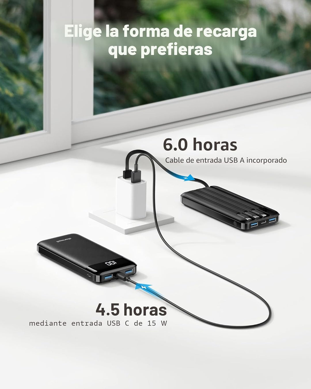 charmast Cargador portátil con cables incorporados, banco de energí...