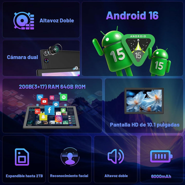 Gleeso Tableta, la última tableta Android 16 de 10 pulgadas, 20GB+6...
