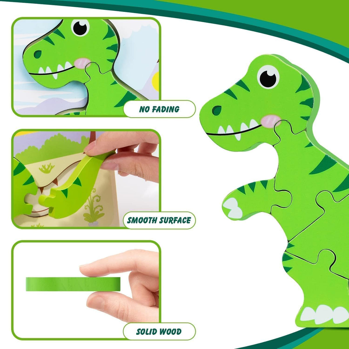 TOY Life Paquete de 15 rompecabezas de madera para niños pequeños, incluye 7 rompecabezas de dinosaurios, 8 rompecabezas de animales