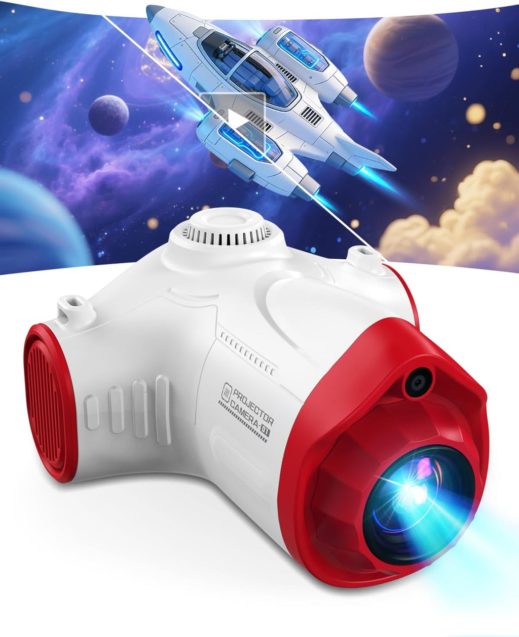 Cámara para niños con proyector, nave espacial, cámara digital HD de 48 MP para niños, grabadora de video 1080P, juguete con tarjeta SD de 32 GB y trípode, espacio exterior, cumpleaños para niños y