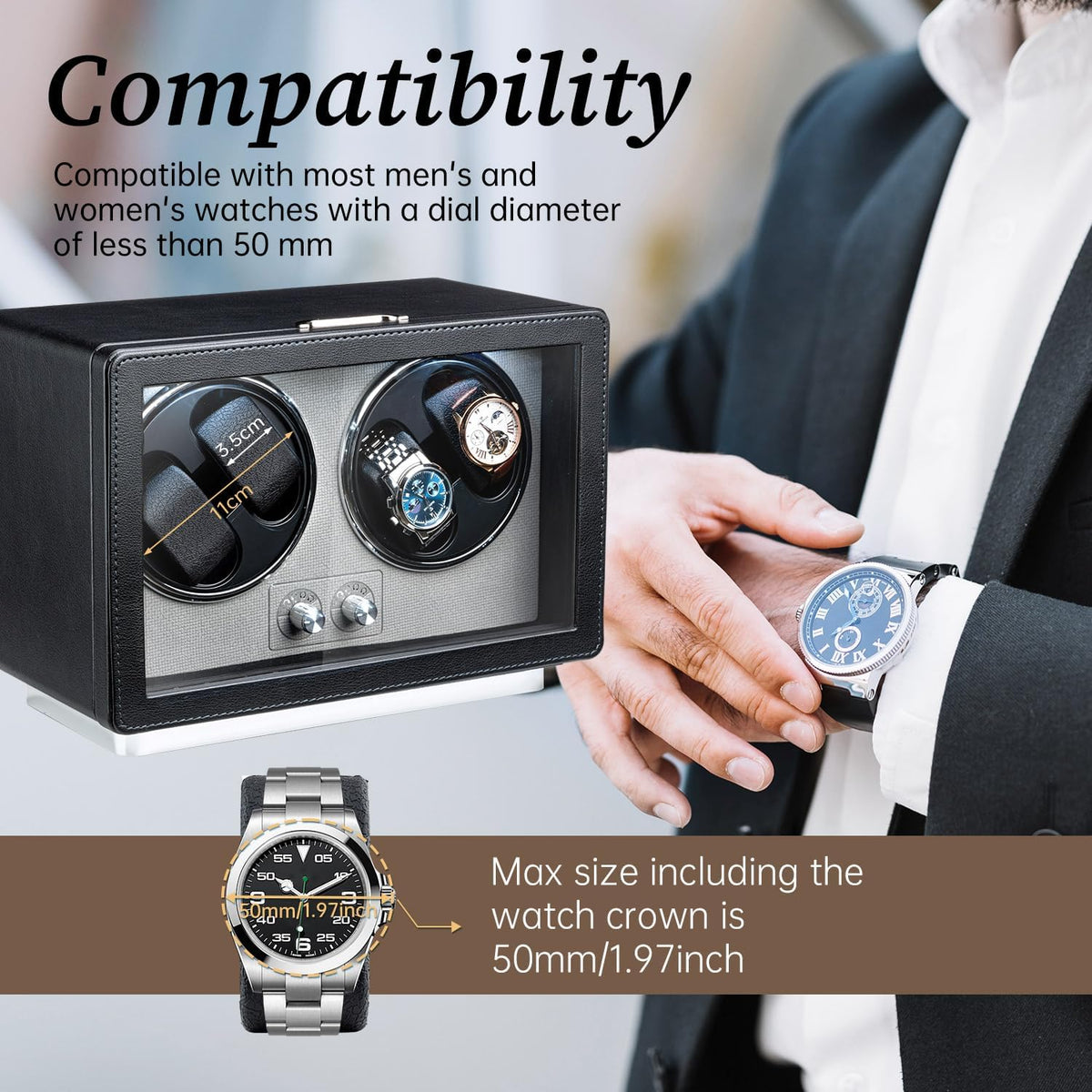 Mcbazel Enrollador de reloj para relojes automáticos, enrollador de reloj de 4 ranuras con motor silencioso fabricado en Japón y luz LED para relojes de hombre y mujer, color negro