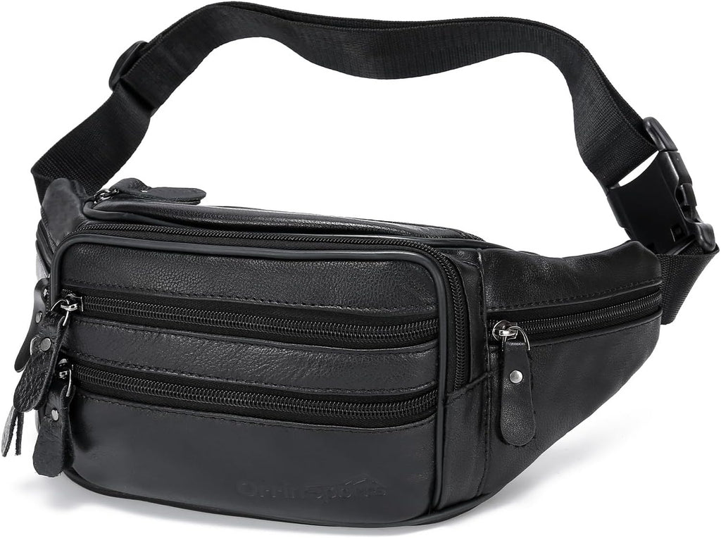 Riñonera de cuero negro para hombres y mujeres, bolsa de cintura de cuero genuino, bolsa de cinturón cruzada con correa ajustable para caminar, senderismo, ciclismo, Moda