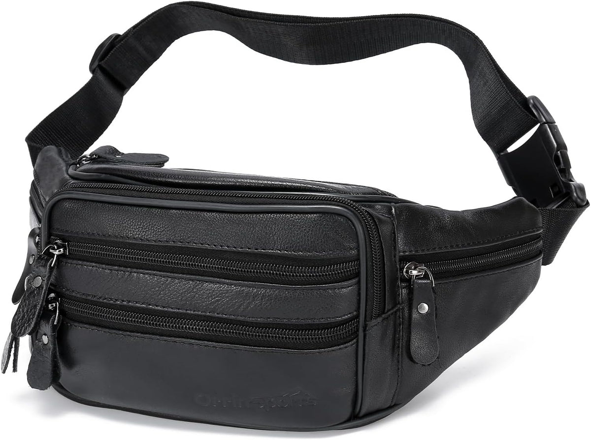 Riñonera de cuero negro para hombres y mujeres, bolsa de cintura de cuero genuino, bolsa de cinturón cruzada con correa ajustable para caminar, senderismo, ciclismo, Moda
