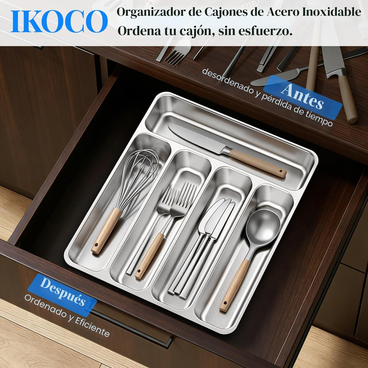 Organizador de cubiertos, acero inoxidable, apto para lavavajillas