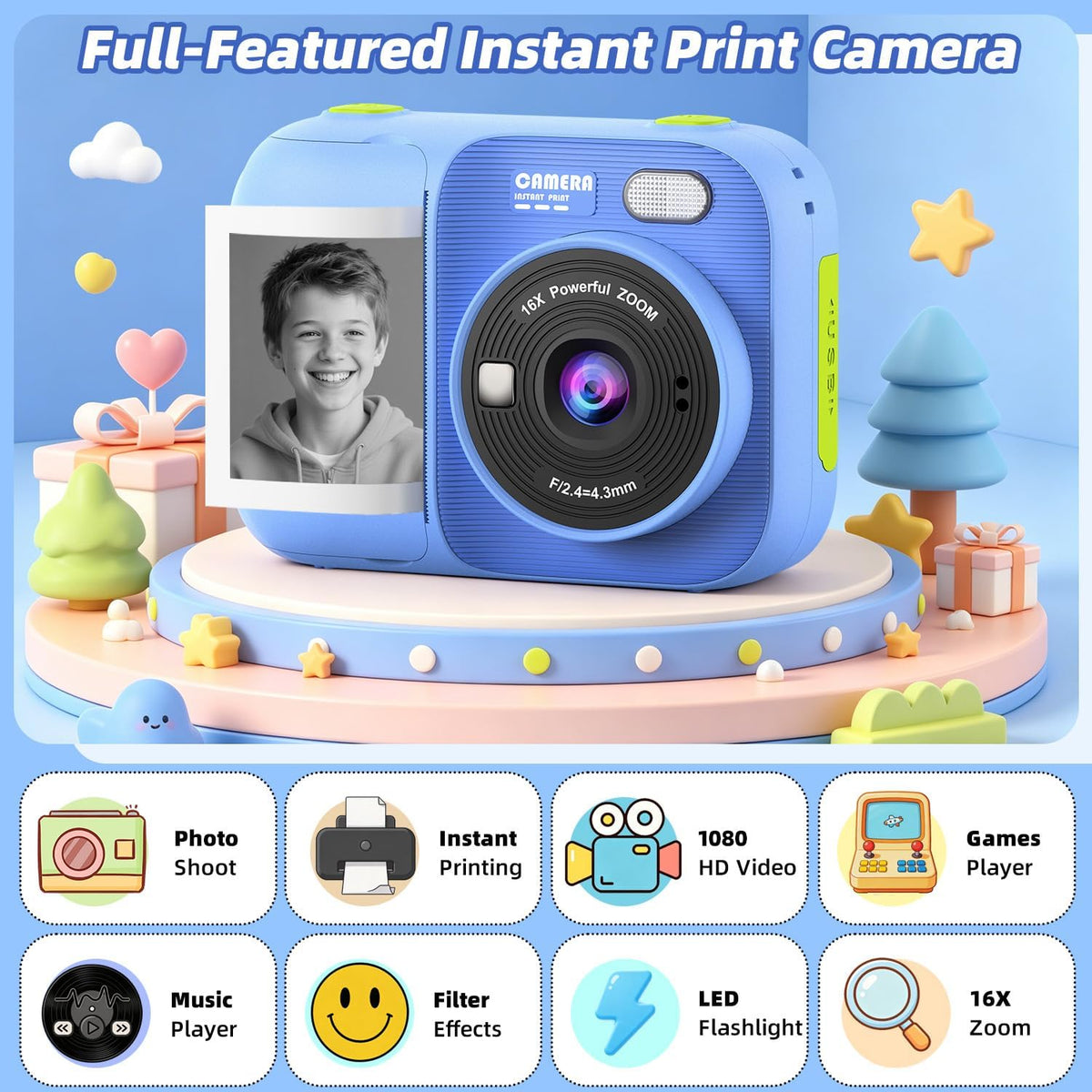 Cámara de impresión instantánea para niños con 5 rollos de papel de impresión, cámara HD 1080P, cámara portátil recargable para selfies, regalos de cumpleaños de Navidad, juguetes para niños y niñas