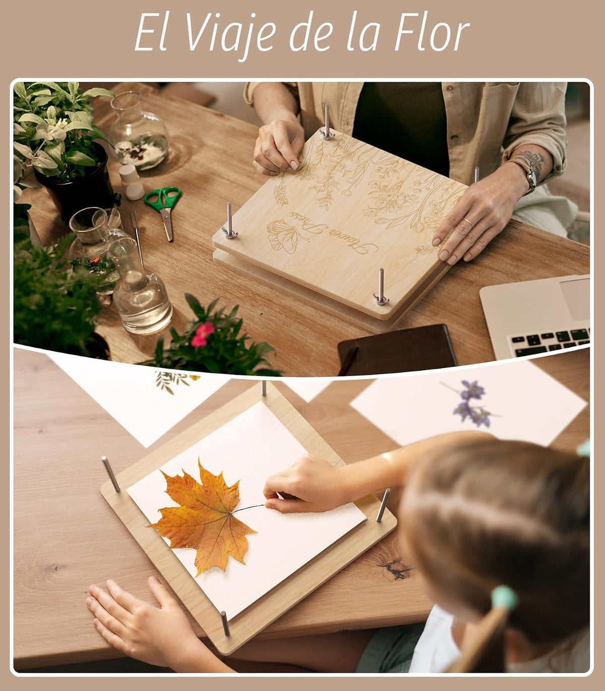 Kit de prensa de flores Wakhow – 27.9 cm x 27.9 cm Prensa de flores grande de madera para adultos y adolescentes | Elaboración de ramos de flores DIY y arte con flores secas | Regalo ideal para