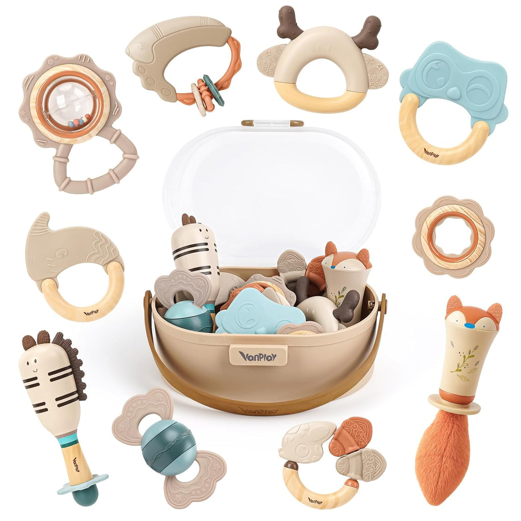 Juego de sonajeros y mordedores para bebés de 0 a 6 meses, juguetes de dentición de 3 a 6 meses, juguetes sensoriales con texturas suaves, sonidos suaves y forma de fácil agarre, regalo neutro para