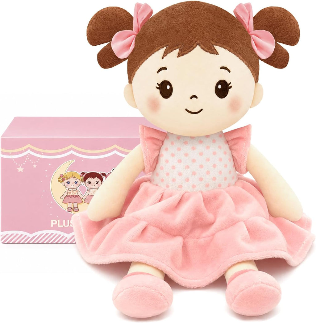 SQEQE Muñeca de bebé suave, muñecas de trapo de felpa de 11 pulgadas para regalo de cumpleaños de niña de 1 año, primeros juguetes de muñecas de bebé para niños pequeños, cabello castaño