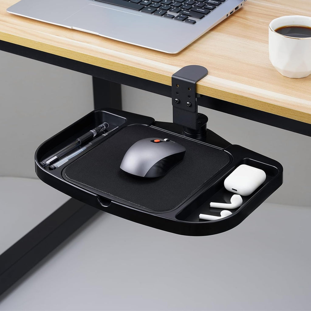 Plataforma de soporte de alfombrilla de mouse con abrazadera, altura ajustable debajo del escritorio, soporte de extensión giratoria de 360°, con 5 compartimentos de almacenamiento, ahorra