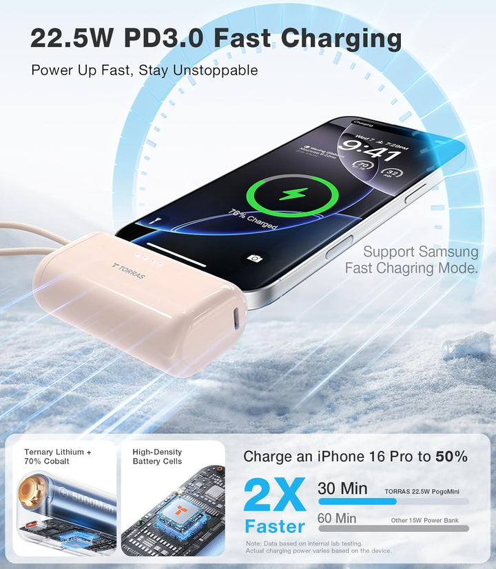TORRAS Cargador portátil 2-en-1 para iPhone 16, banco de energía mi...