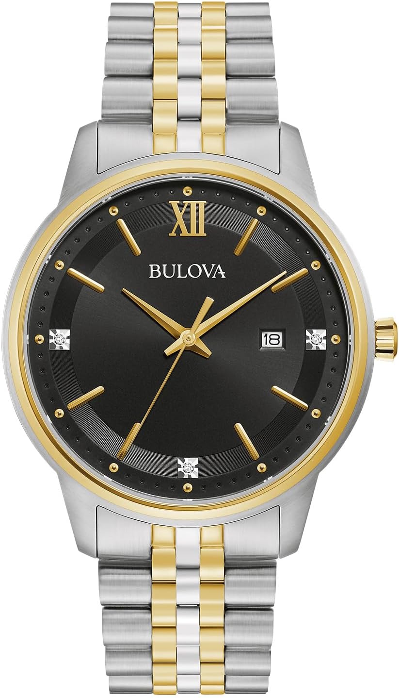 Bulova Reloj de Vestir para Hombre Classic Diamond, Reloj Quartz de 3 Manecillas con Fecha, Correa de Acero Inoxidable, 41mm