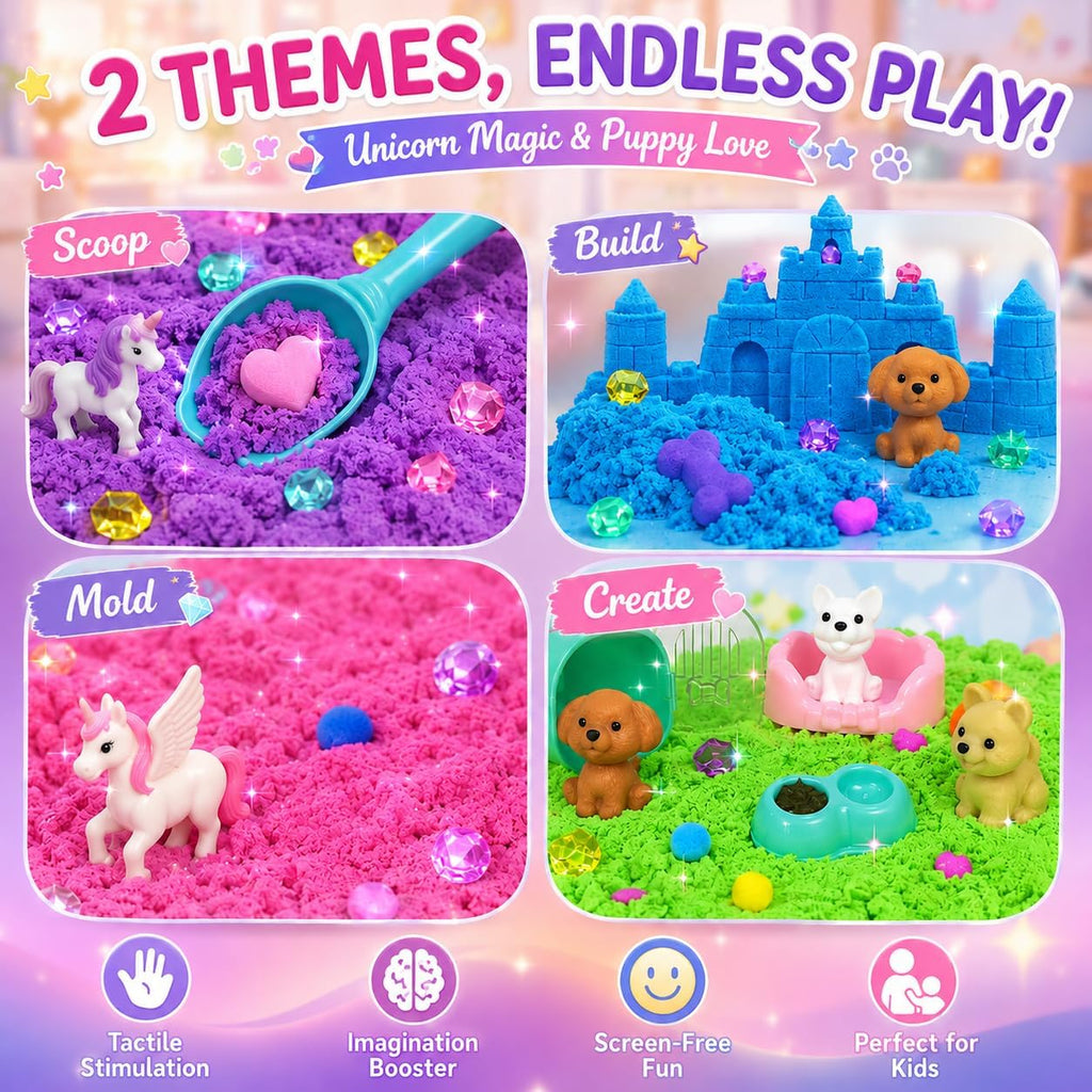 Cubo sensorial apilable, unicornio y juego de arena sensorial para mascotas