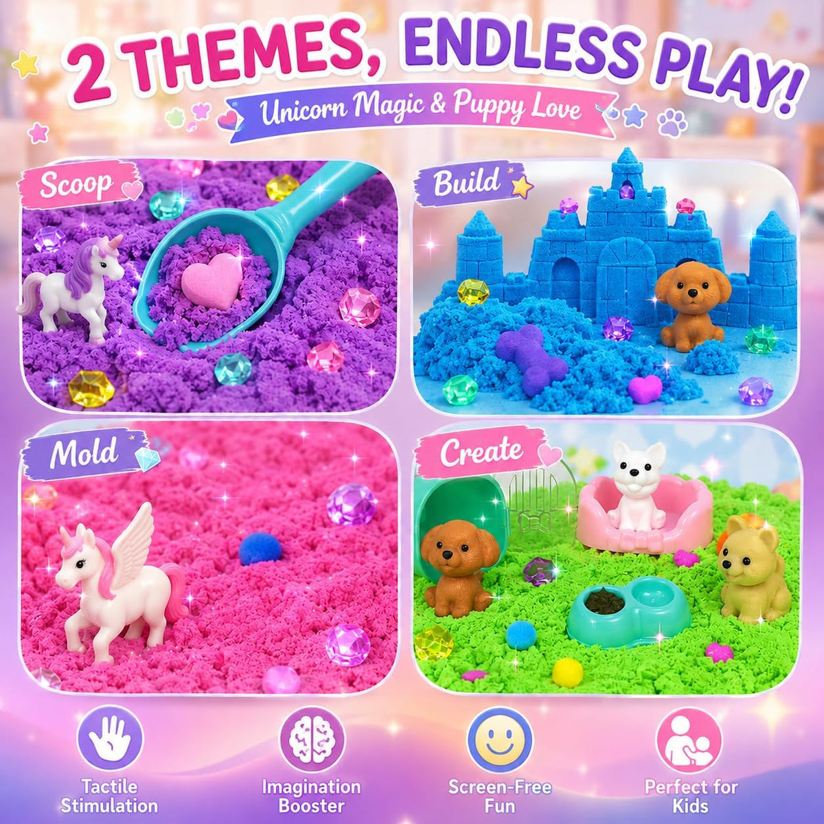 Cubo sensorial apilable, unicornio y juego de arena sensorial para mascotas