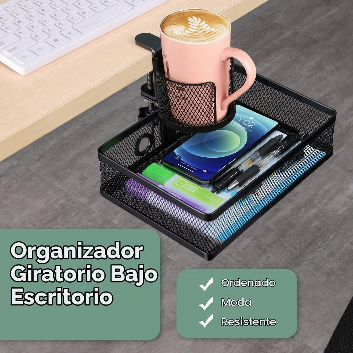 ROSYLINE - Organizador de almacenamiento giratorio debajo del escritorio con soporte para tazas y bandeja de cajón